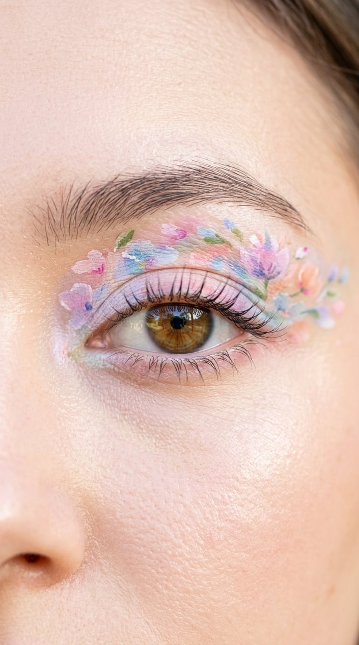 Close-up of a female eye with colorful pastel eye makeup featuring soft floral patterns.