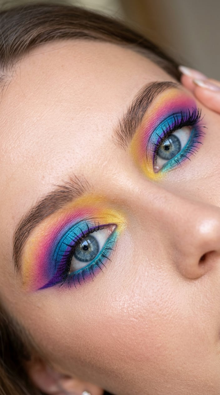 Close-up of a woman's eyes with vibrant and colorful eye makeup in bright shades.