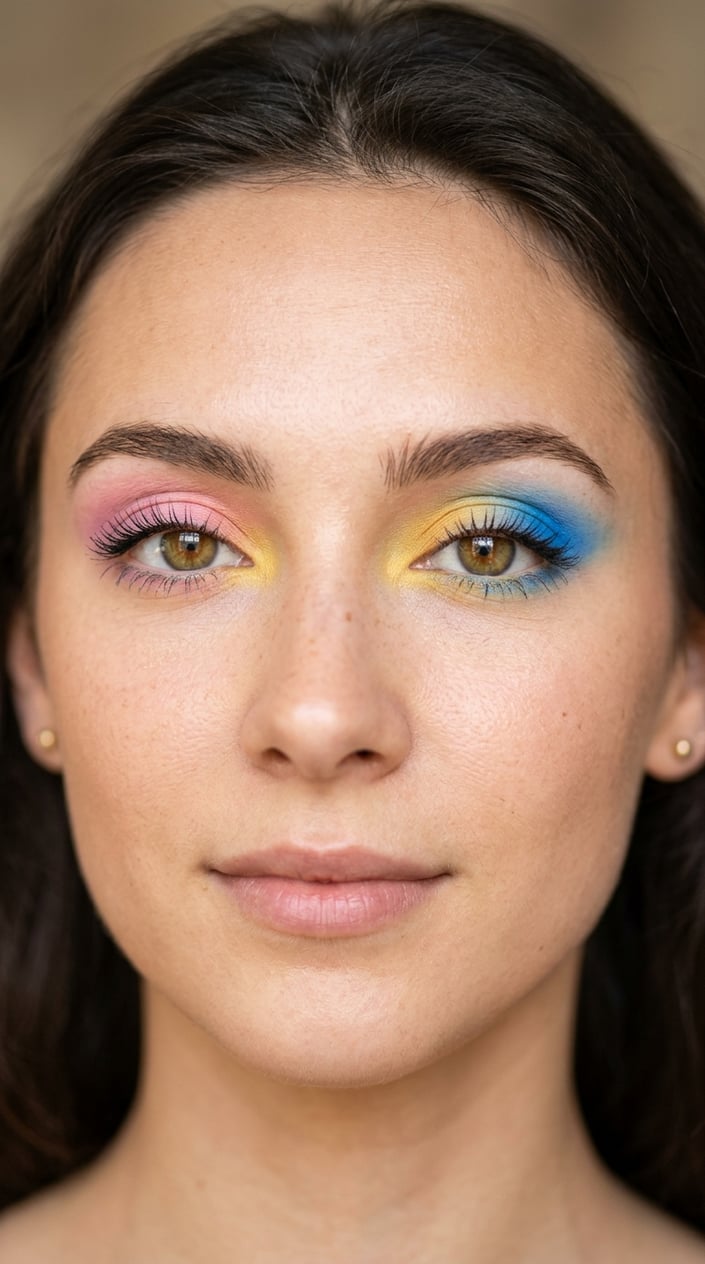 Close-up of a woman's eyes with bright, colorful eye makeup blended subtly for a wearable look.