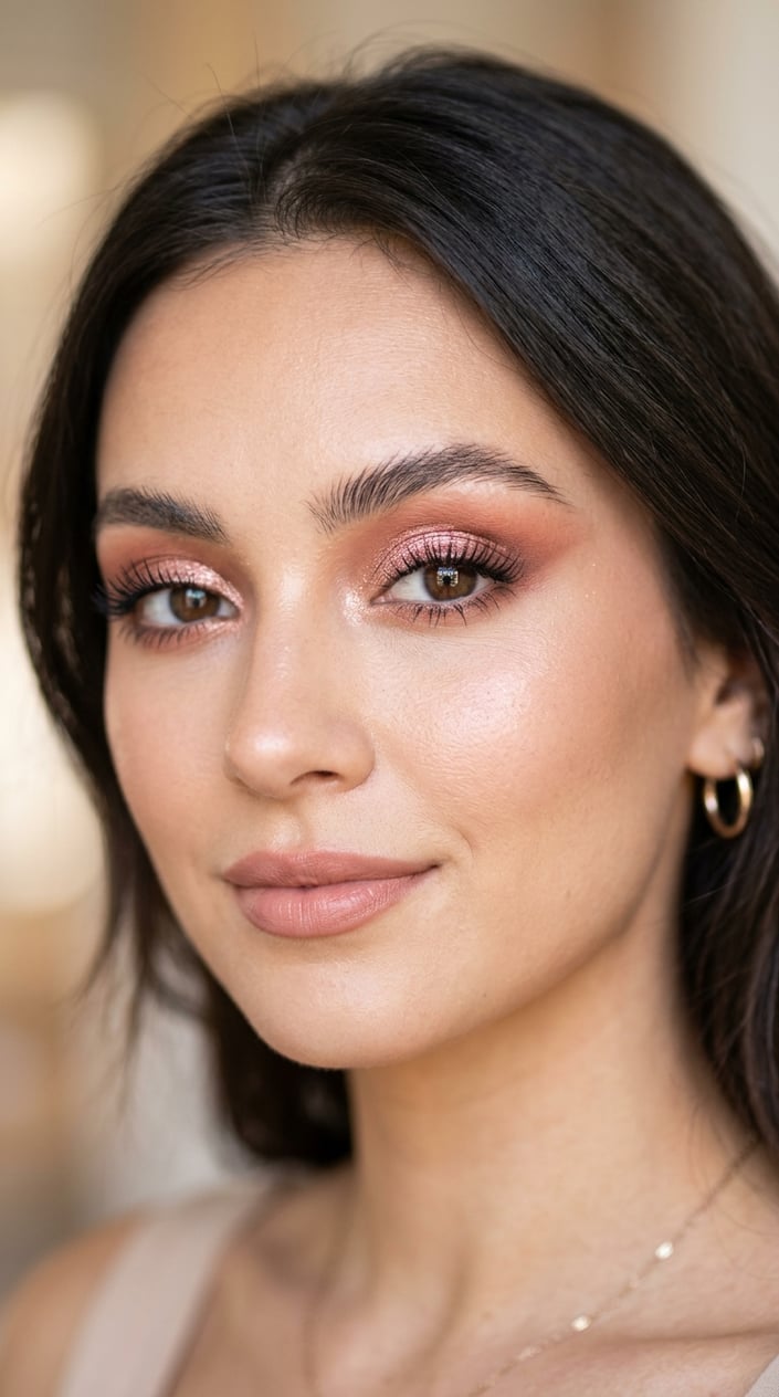 Close-up of a woman's eye with rose gold halo eyeshadow makeup.