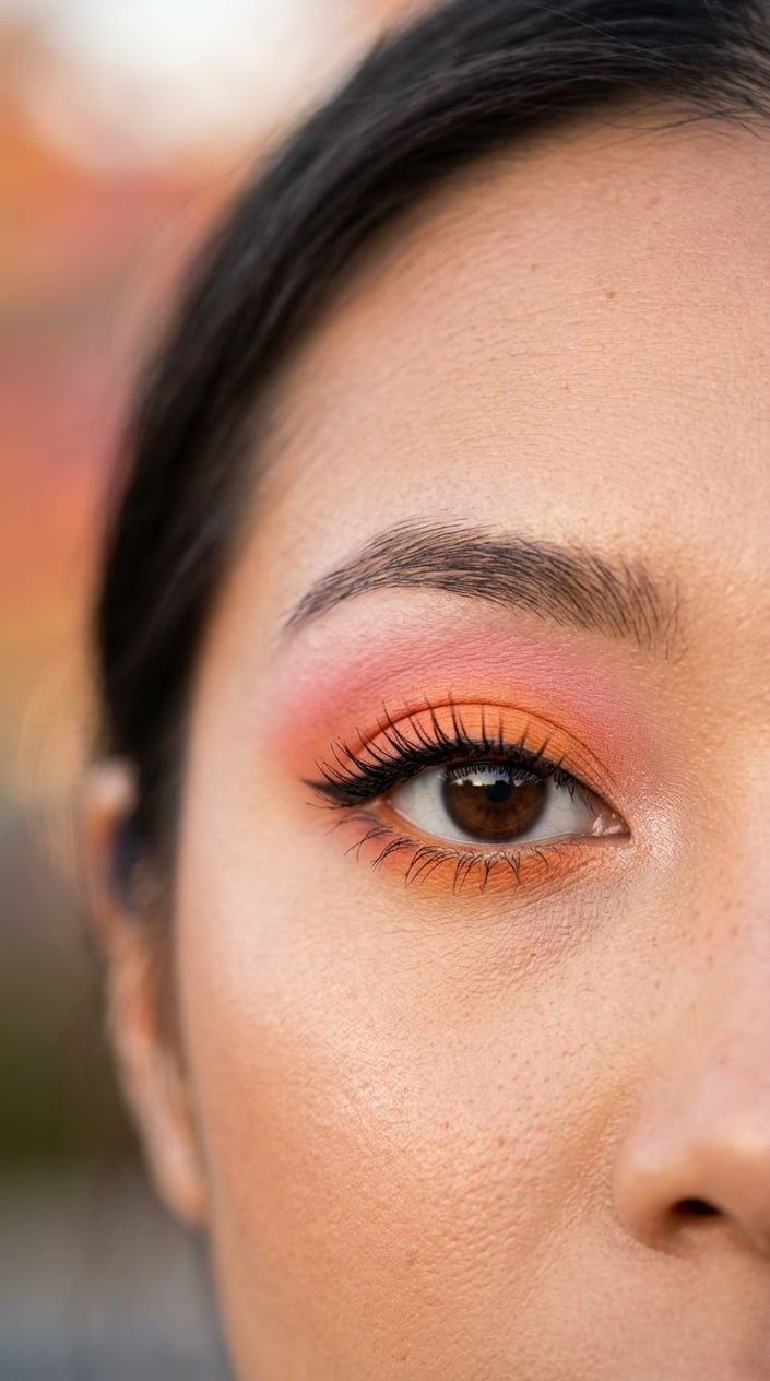 Close-up of a woman's eye with orange and pink eyeshadow blended on the eyelid.