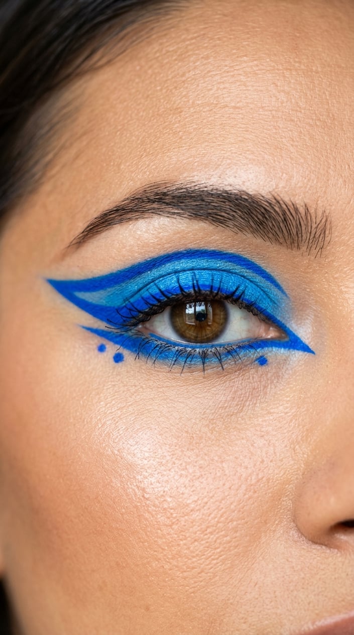 Close-up of a woman's eye with bright electric blue graphic eyeliner and eyeshadow.