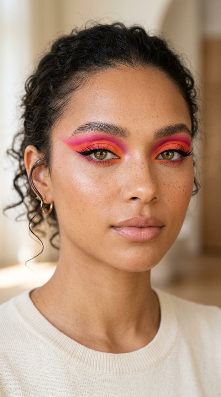 Close-up of a person with vibrant orange and pink eyeshadow makeup on their eyelids.