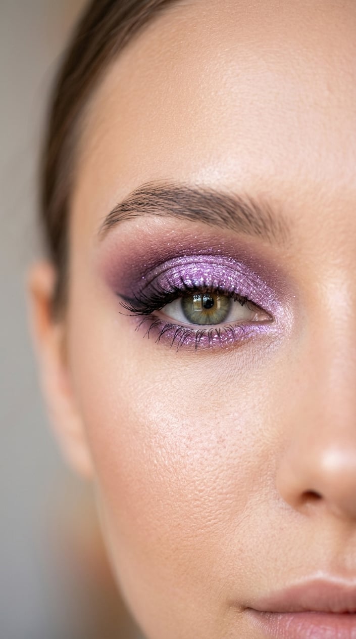 Close-up of a person's eye with shimmering lilac eyeshadow and well-defined eyelashes.