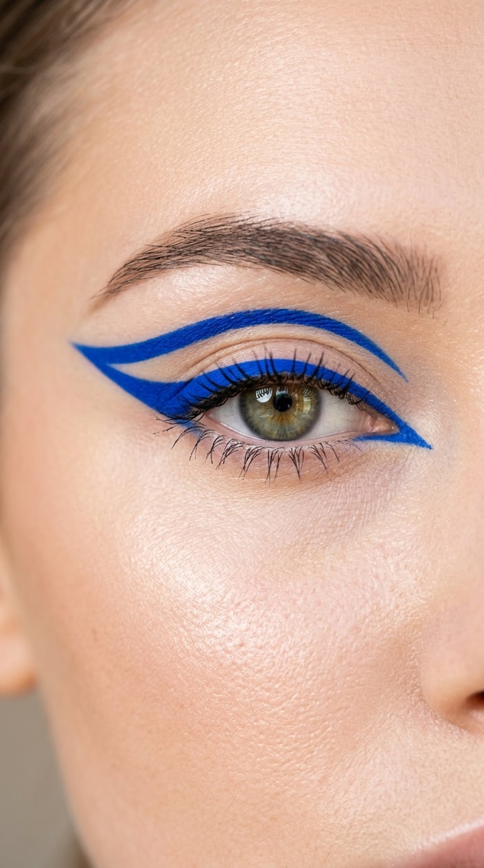 Close-up of a person's eye with bold cobalt blue graphic eyeliner applied.