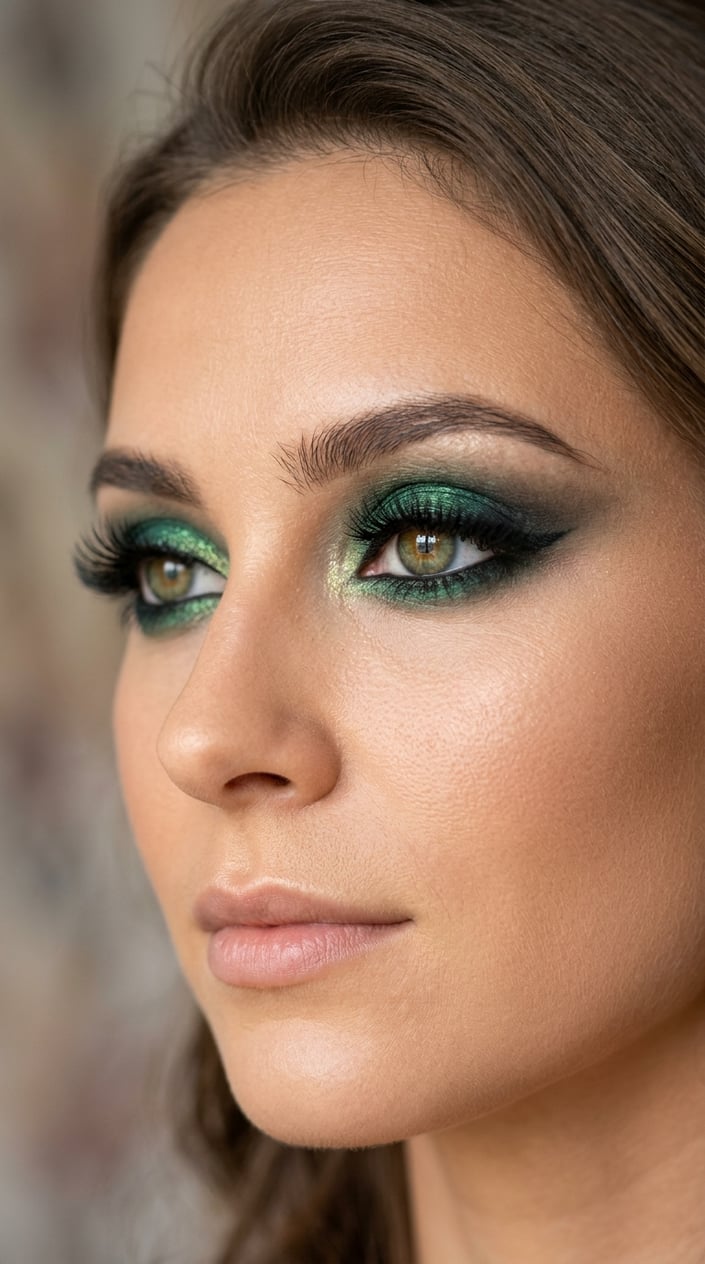 Close-up of a woman's eye with emerald green smoky eye makeup and long eyelashes.