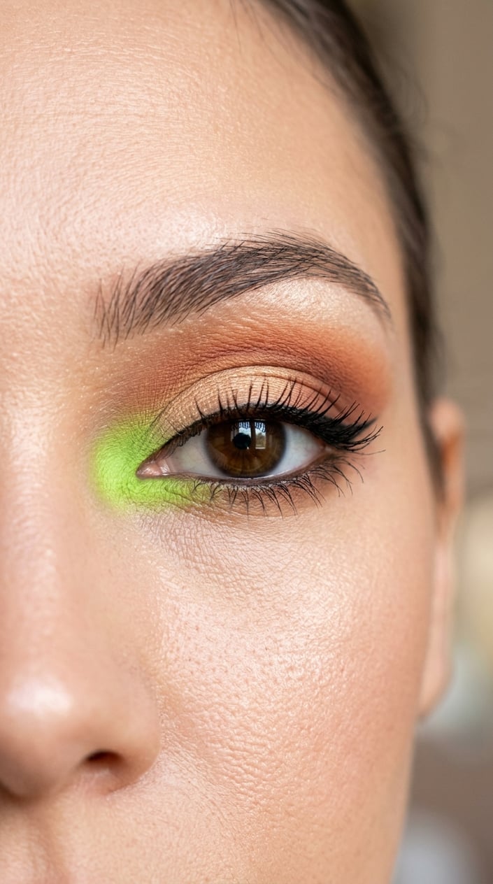 Close-up of a woman's eye with bright lime green eyeshadow applied to the inner corner.