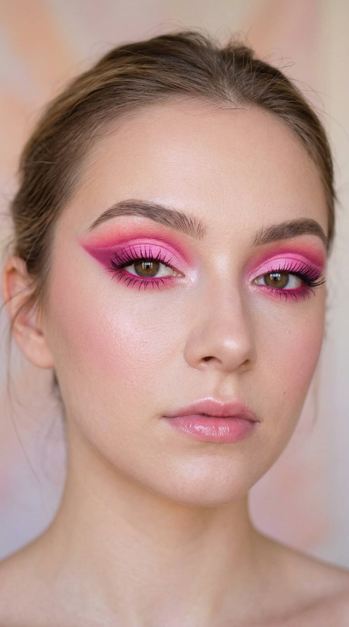 Close-up of a woman with vibrant pink eyeshadow in a sharp cut crease style, showing detailed eye makeup.