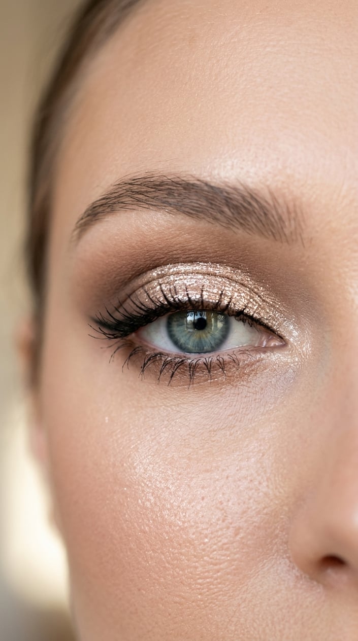 Close-up of an eye with champagne glitter eyeshadow on the lid and a brown crease.