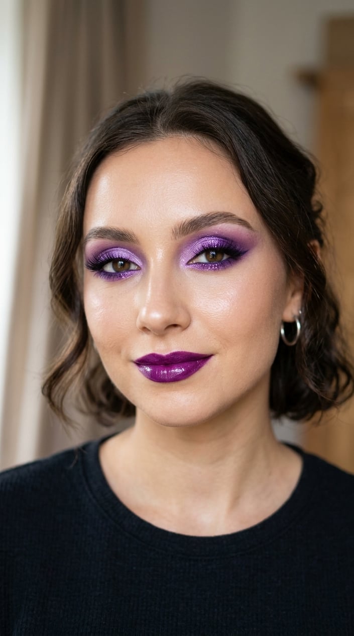 Close-up of a woman with purple eyeshadow and matching purple lipstick looking slightly to the side.