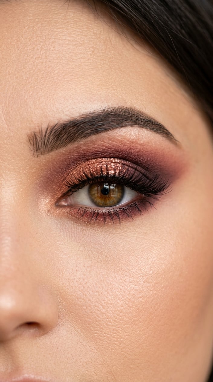 Close-up of an eye with burgundy and copper eyeshadow makeup.