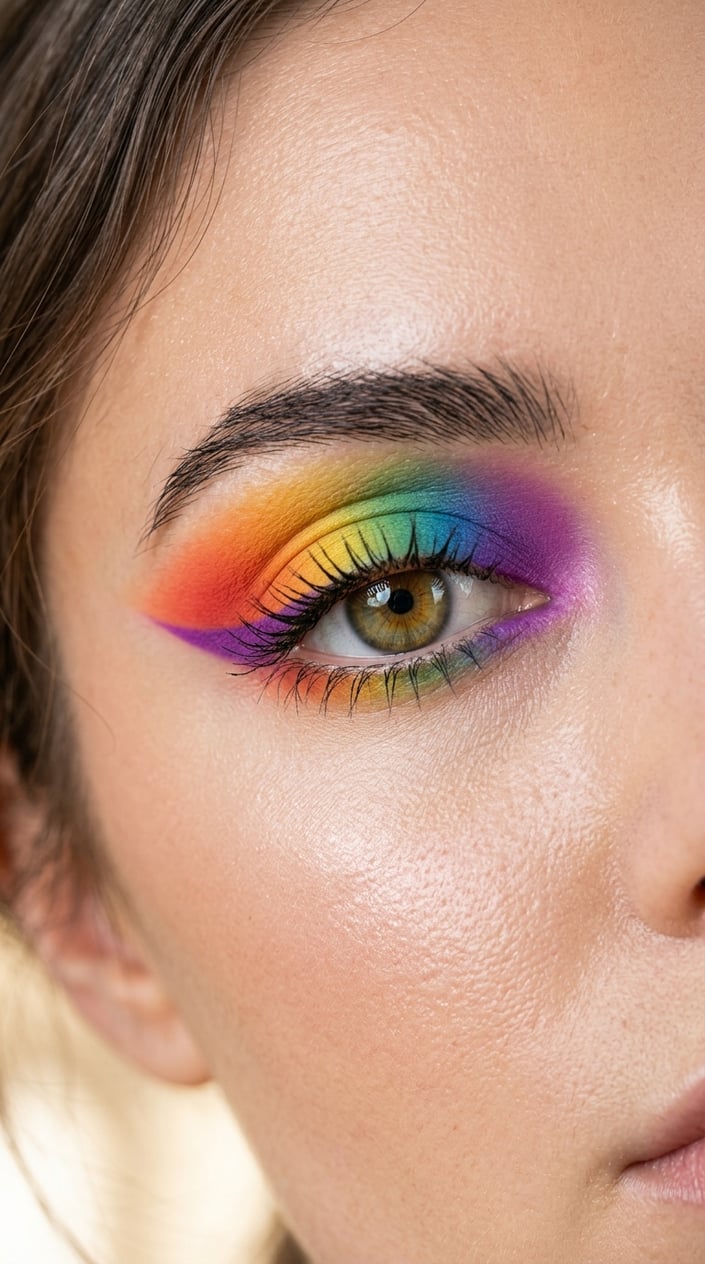Close-up of an eye with colorful rainbow wing eyeshadow makeup.