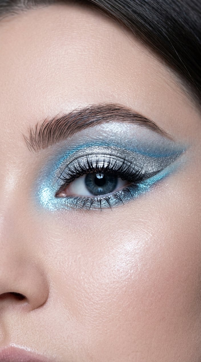 Close-up of a female eye with silver and blue eyeshadow and long eyelashes.