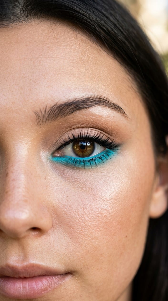 Close-up of a woman's eye with turquoise makeup on the lower lashline.