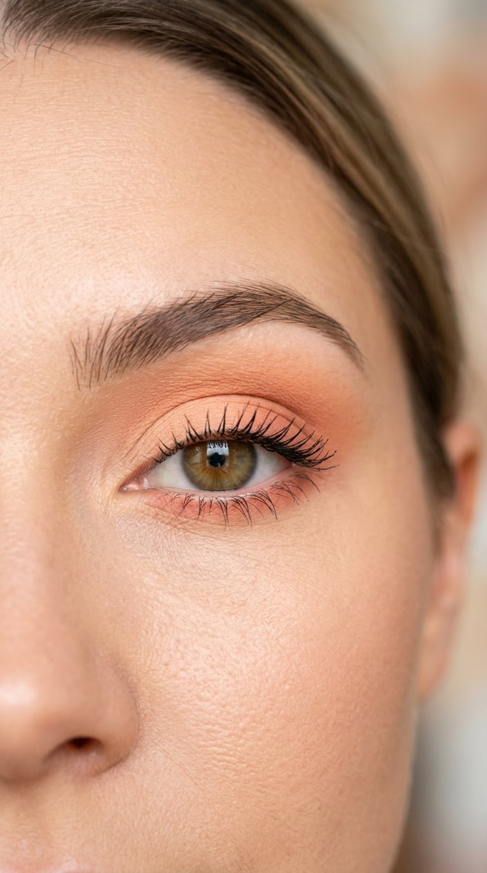 Close-up of a woman's eye with peach-colored eyeshadow and long eyelashes.