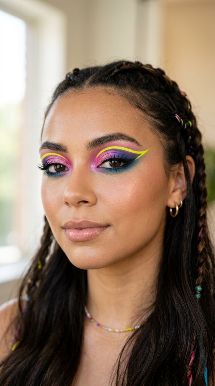 Close-up of a person with bright neon yellow floating crease eyeshadow and colorful makeup on the eyelids.