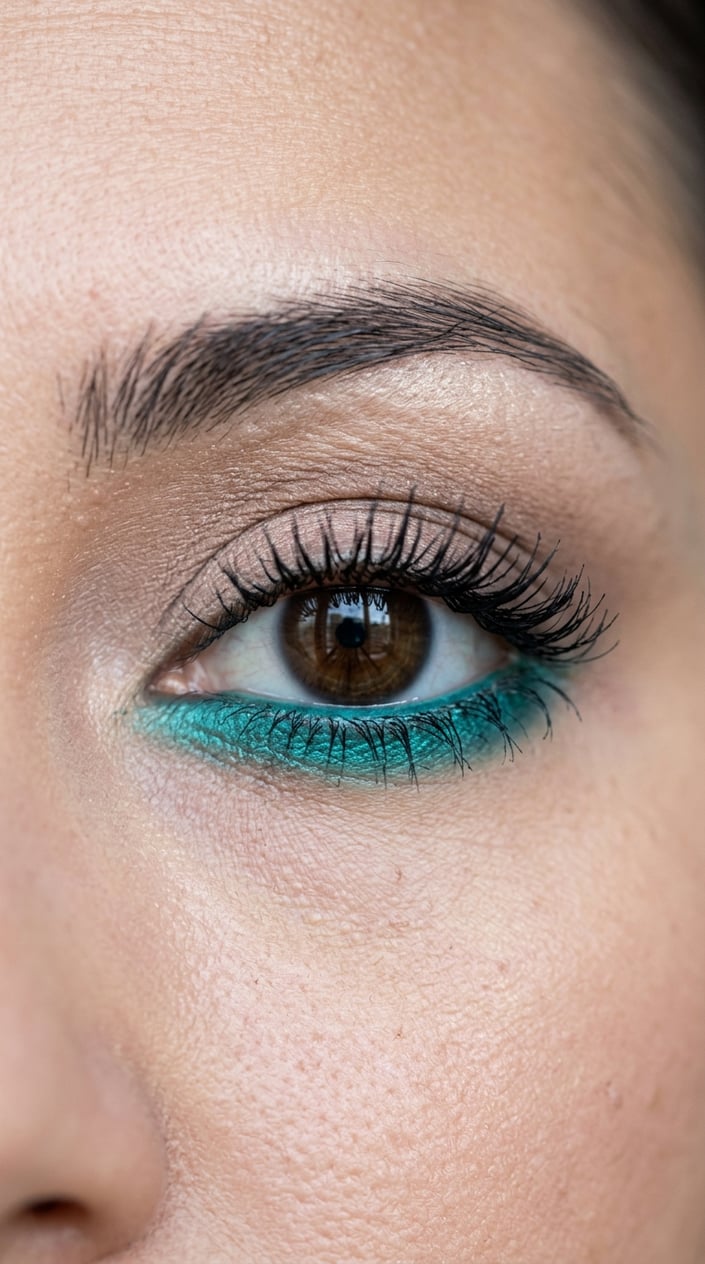 Close-up of a woman's eye with teal eyeshadow applied along the lower lashes.