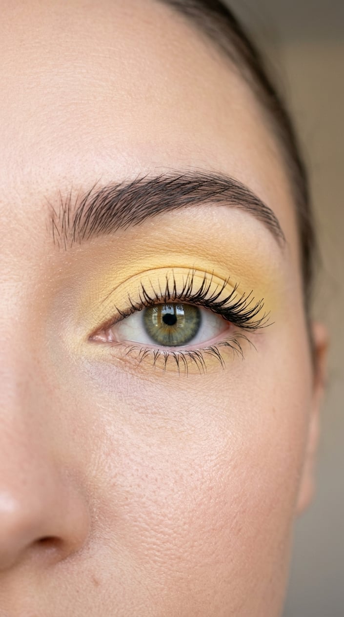 Close-up of a female eye with yellow eyeshadow and long eyelashes.