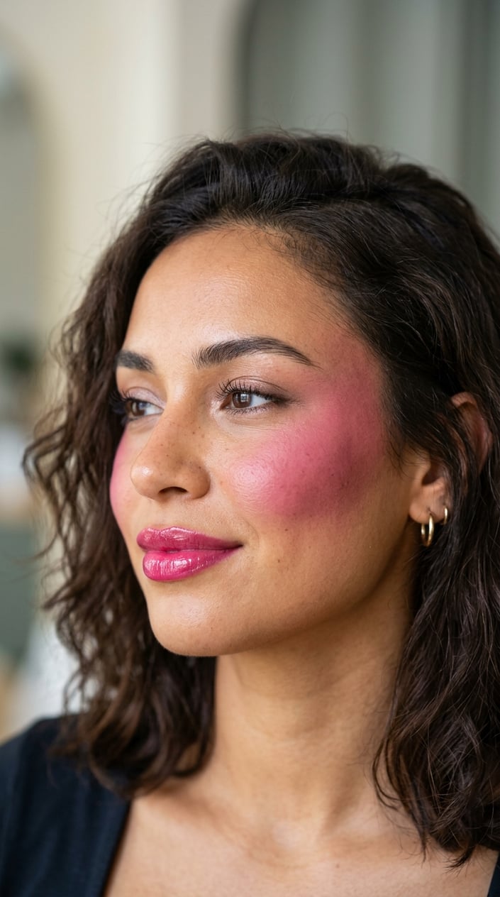 Close-up of a woman with fuchsia blush on her cheeks and glossy fuchsia lips, looking slightly away from the camera.