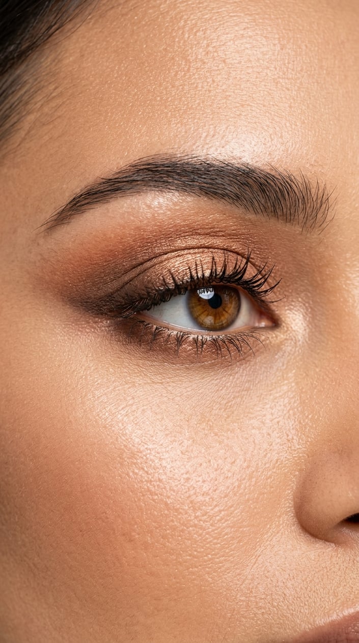 Close-up of a woman's eye with bronze smoky eyeshadow and long eyelashes.