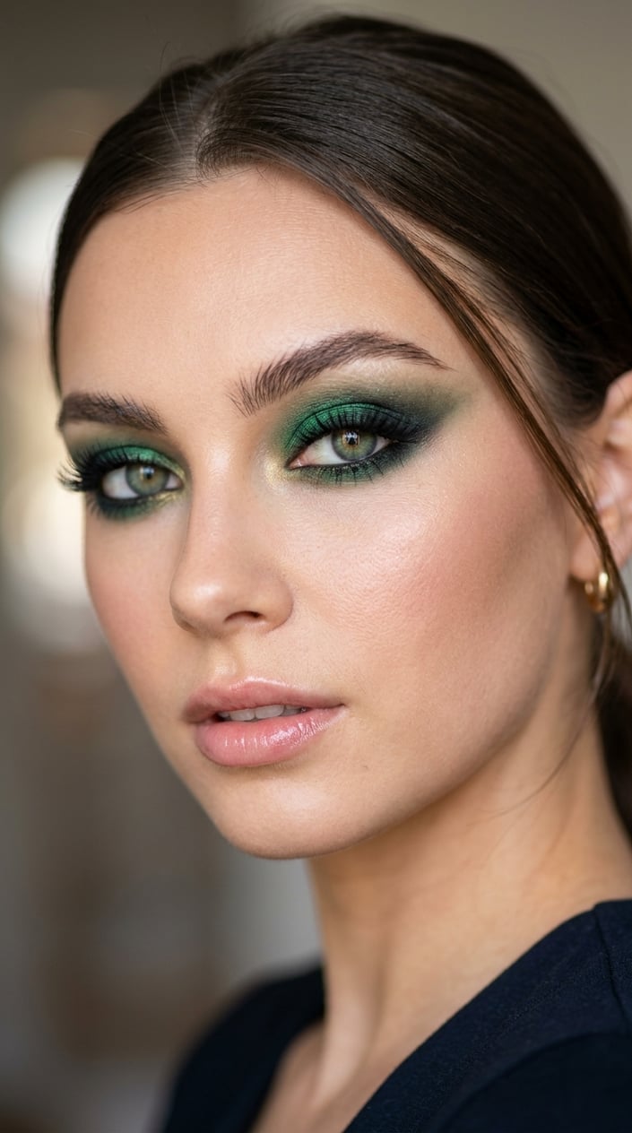 Close-up of a woman's face with emerald green smokey eye makeup and flawless skin.