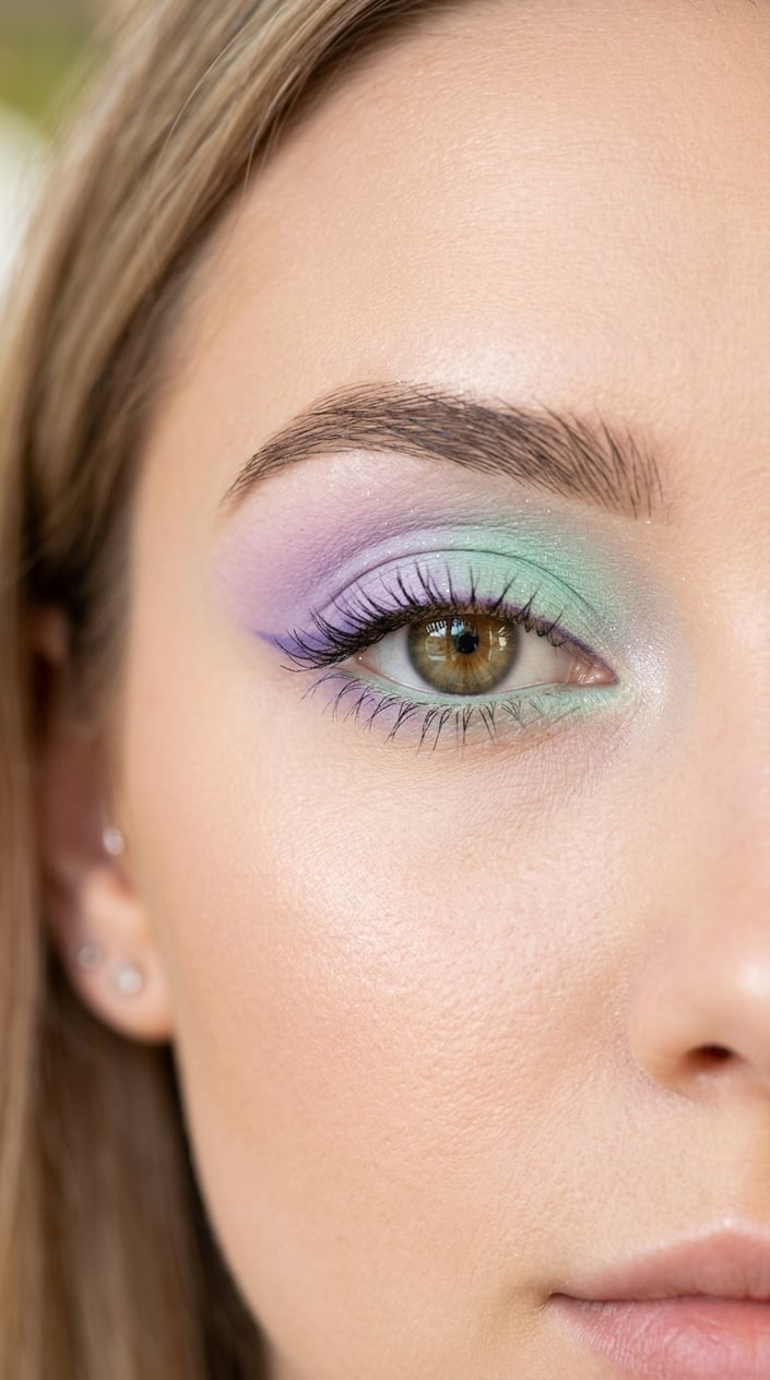 Close-up of a woman's eye with pastel lavender and mint green eye makeup.