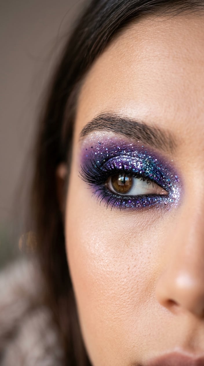 Close-up of a woman's eye with purple glitter eyeshadow and long eyelashes.