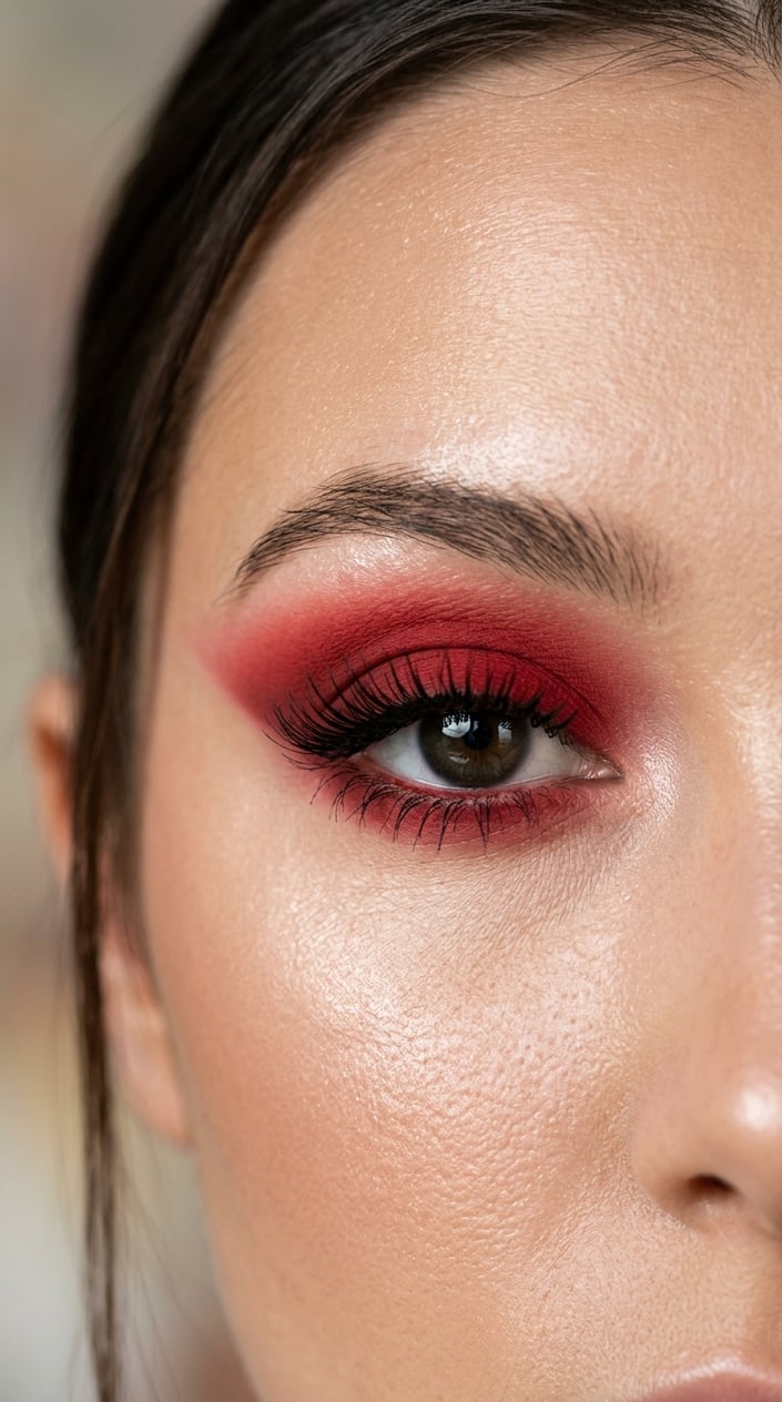Close-up of a woman's eye with matte red eyeshadow and defined eyelashes.
