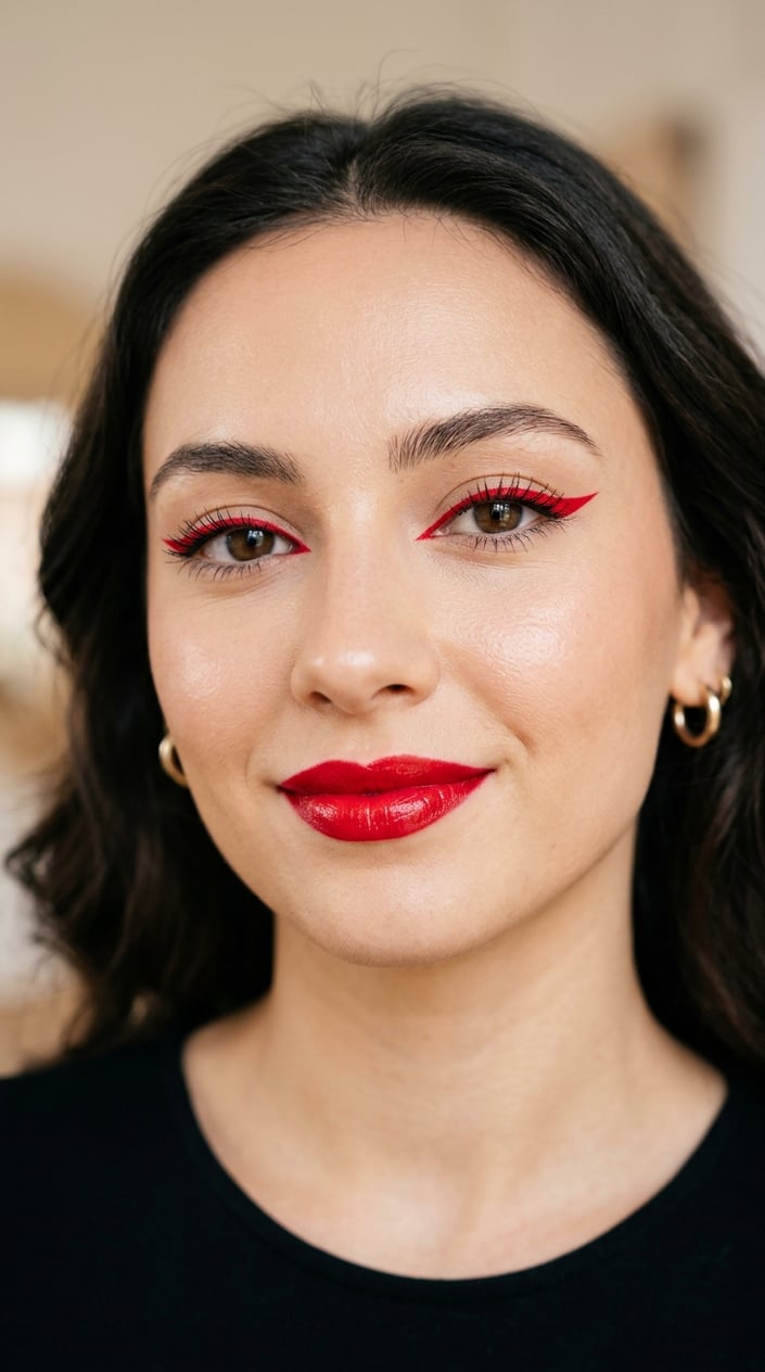 Close-up of a woman's face with cherry red eyeliner and matching red lipstick.