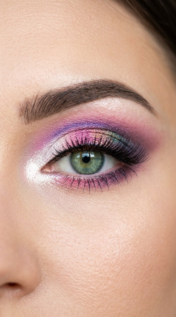 Close-up of a female eye with colorful eyeshadow and a bright white highlight in the inner corner.