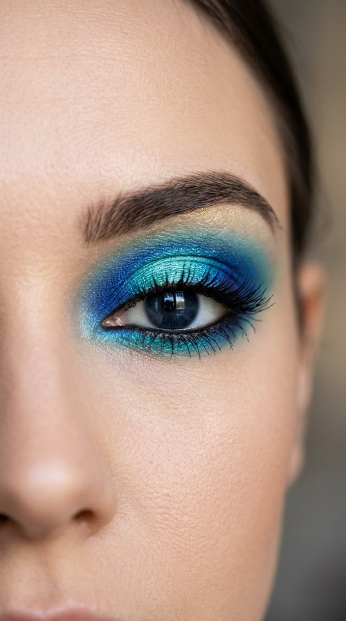 Close-up of a woman's eye with vibrant blue and teal eye makeup.
