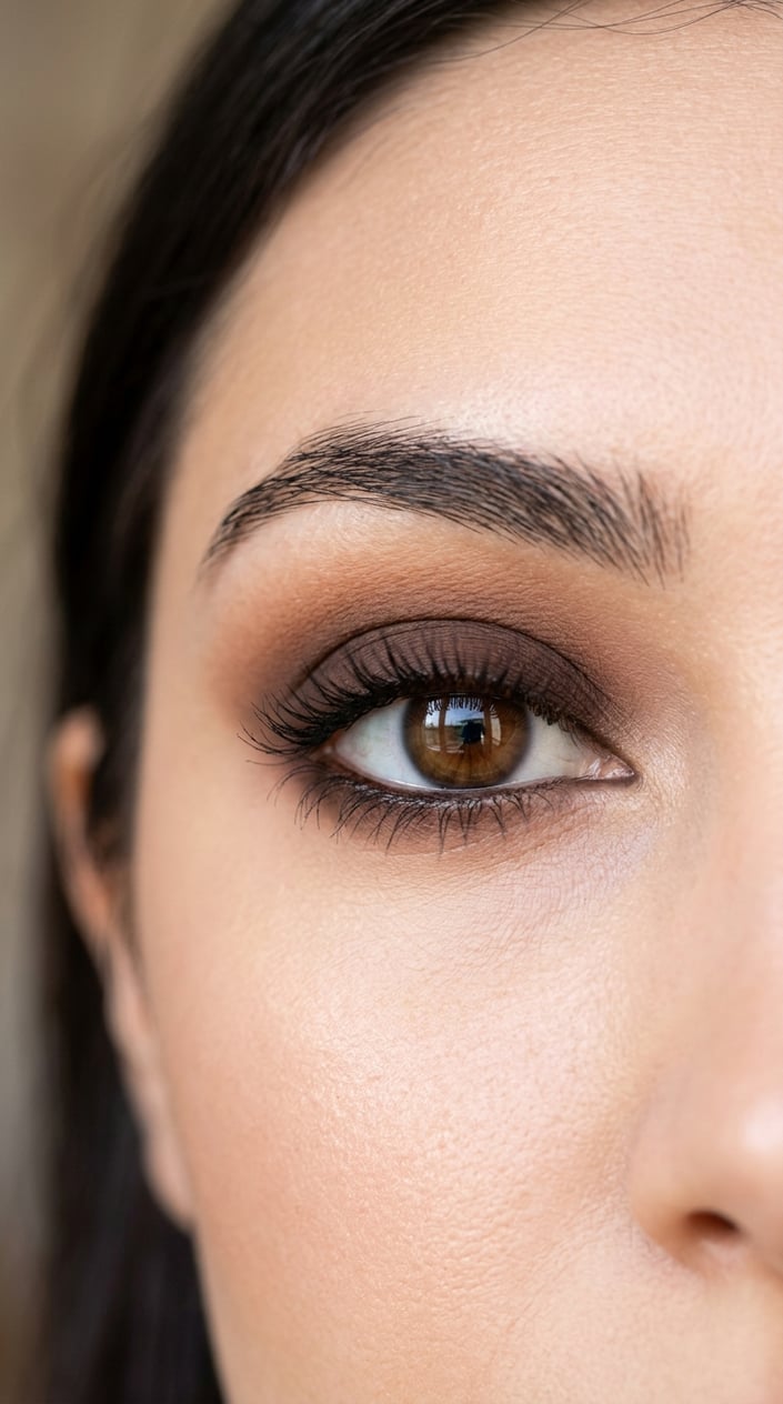 Close-up of a woman's eye with chocolate brown eyeshadow smoothly blended around it.