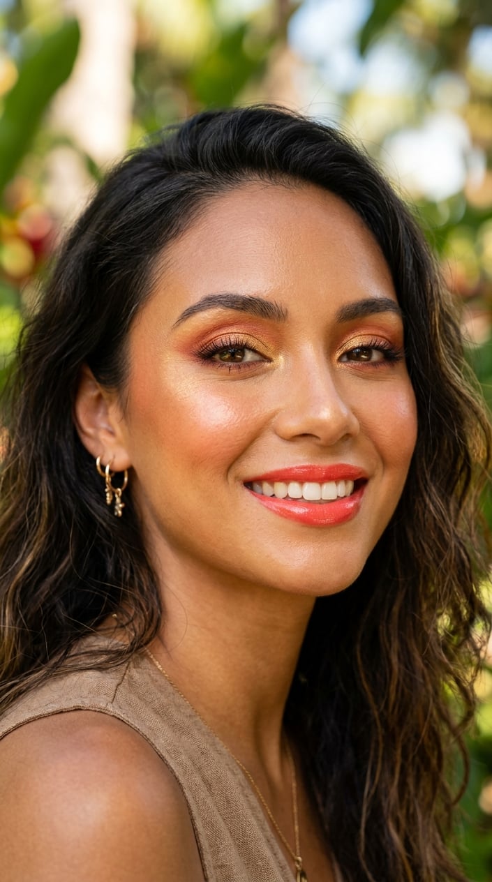 Close-up of a woman with coral and gold makeup glowing on her face against a softly blurred warm background.