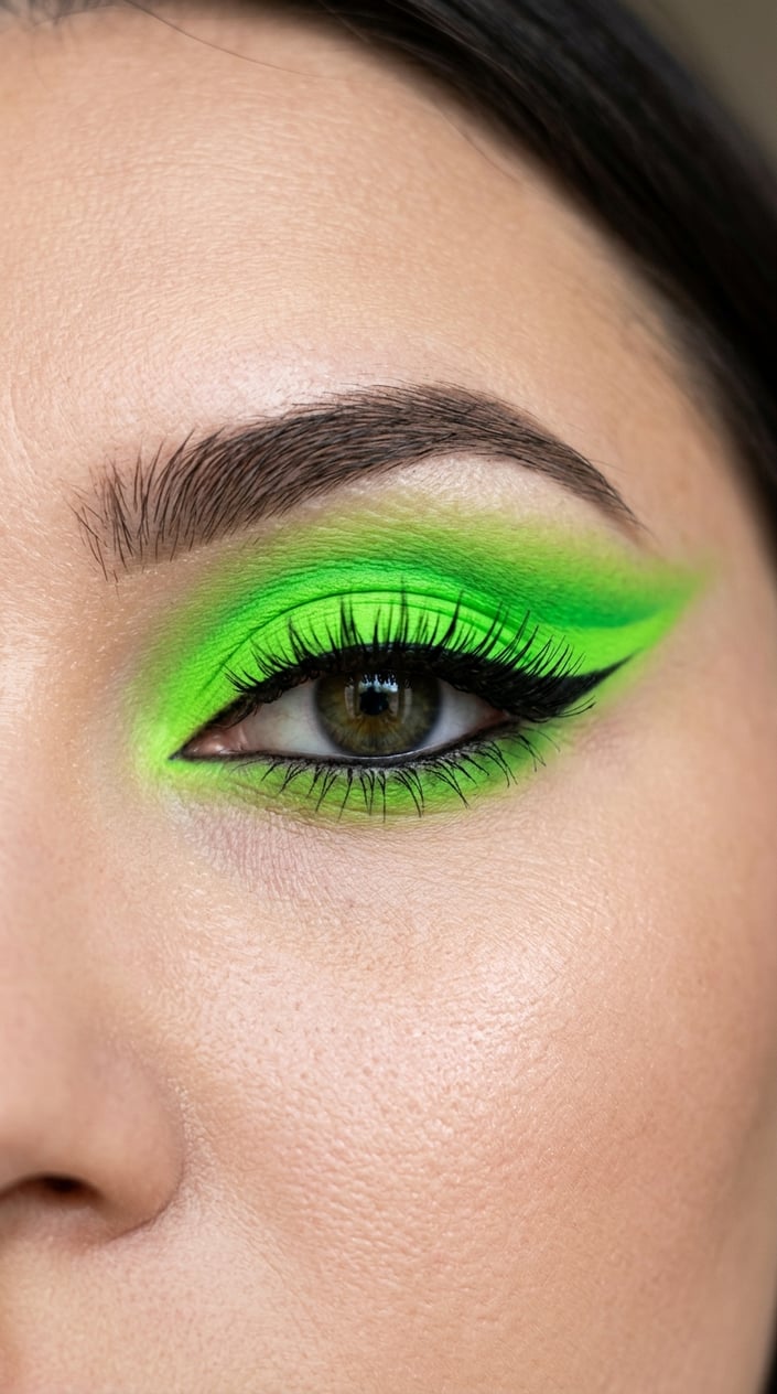 Close-up of a person's eye with bright neon green eyeshadow and long eyelashes.