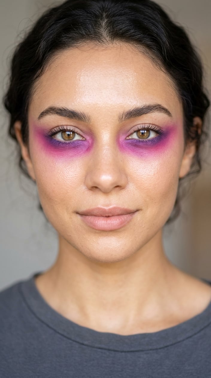 Close-up of a woman's face with vibrant magenta and violet color wash under her eyes.