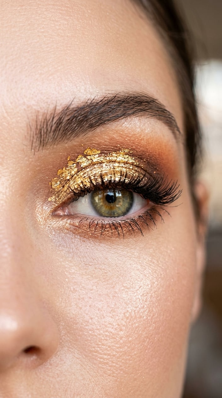 Close-up of a female eye with gold foil eyeshadow and long eyelashes.