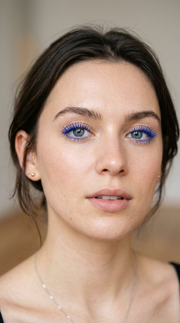 Close-up of a young woman with electric blue mascara and minimal makeup, looking confidently at the camera.