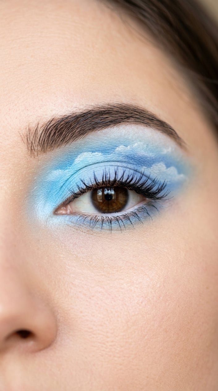 Close-up of a female eye with soft blue eyeshadow resembling clouds, long eyelashes, and a natural eyebrow.
