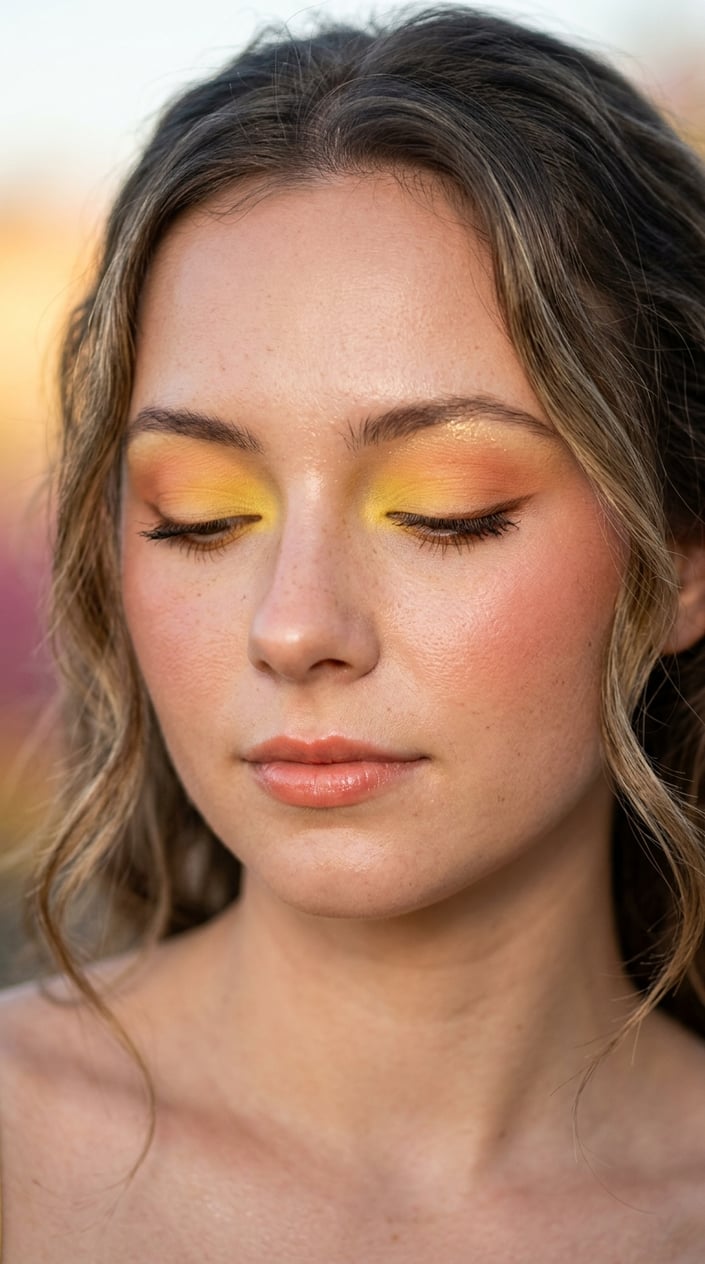 Close-up of a woman with bright yellow and orange makeup and warm blush, against a soft warm-toned background.
