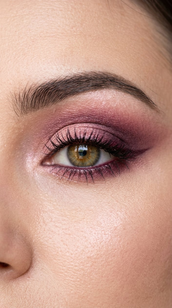 Close-up of a woman's eye with berry and plum colored eyeshadow and long eyelashes.