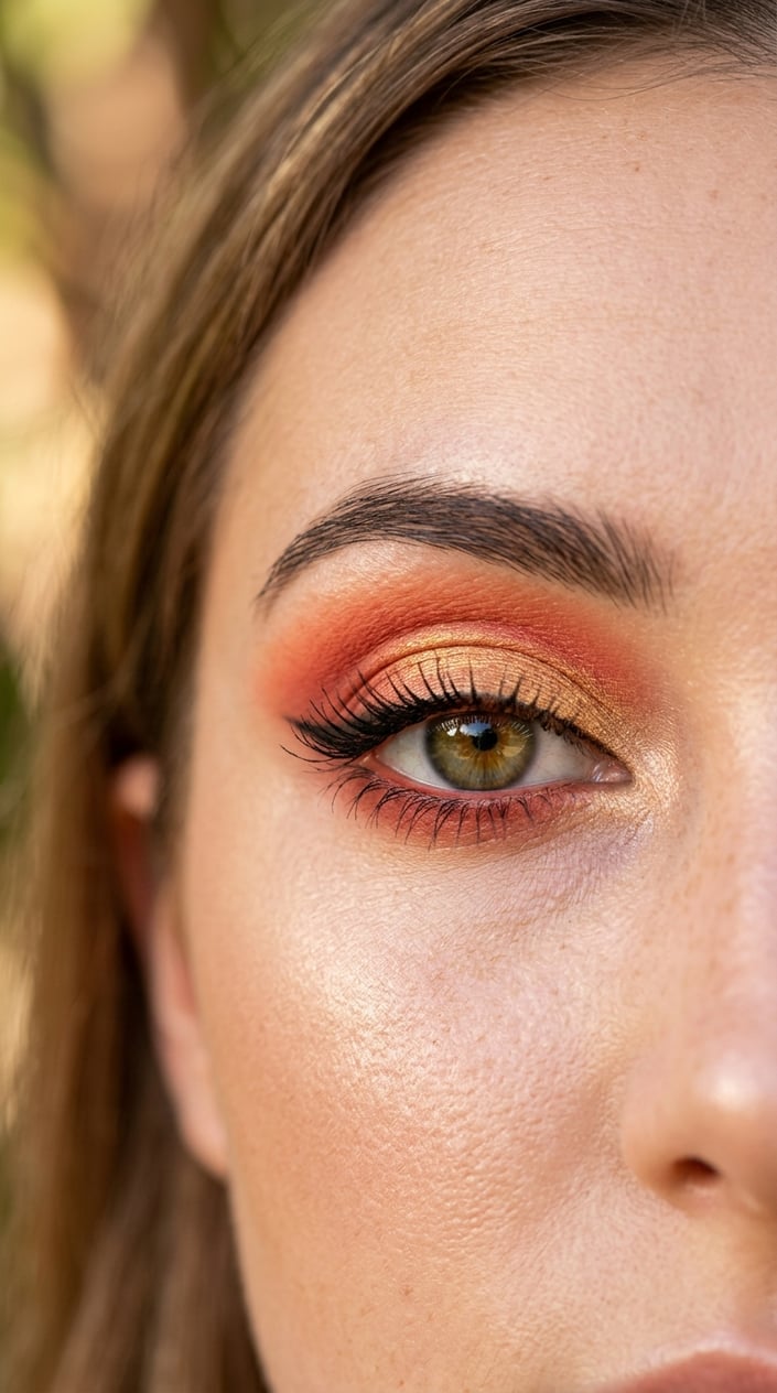 Close-up of a woman's eye with coral and gold eyeshadow and long eyelashes.
