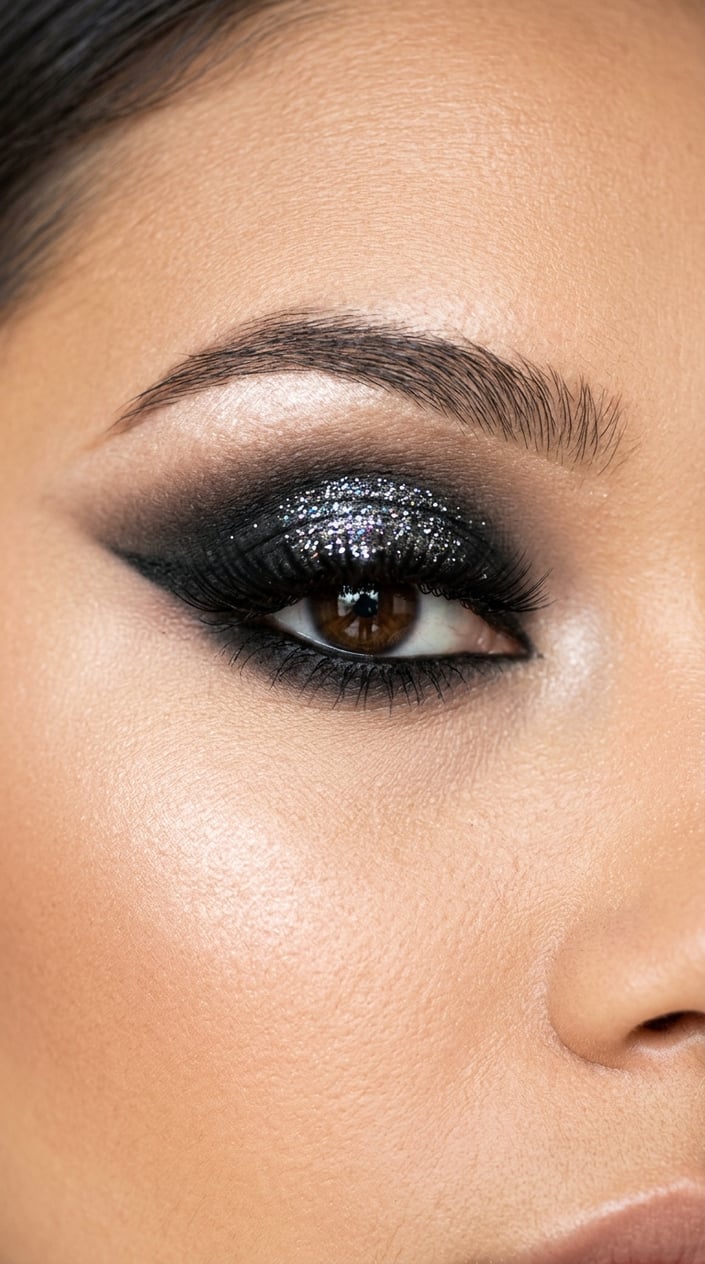 Close-up of a woman's eye with black smoky eyeshadow and glitter in the center of the eyelid.