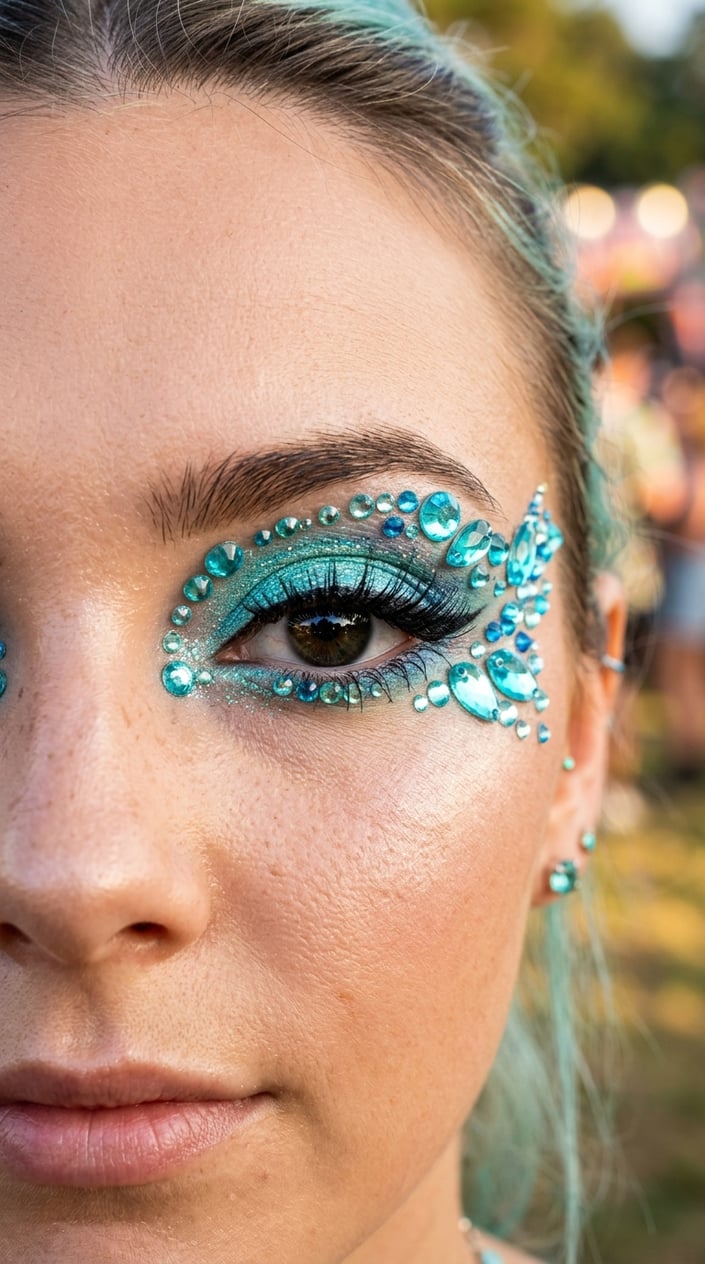 Close-up of an eye decorated with colorful aqua rhinestones and vibrant festival makeup.