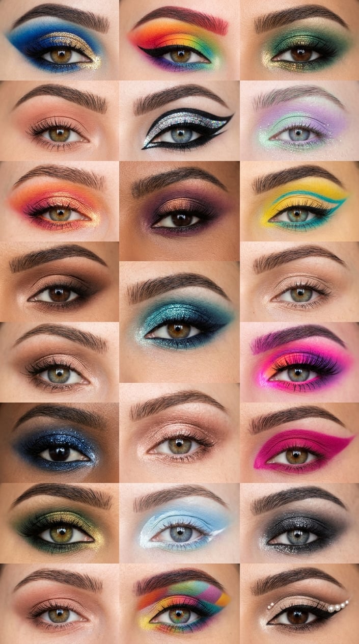 Close-up of several women's eyes showing a variety of colorful eyeshadow styles.