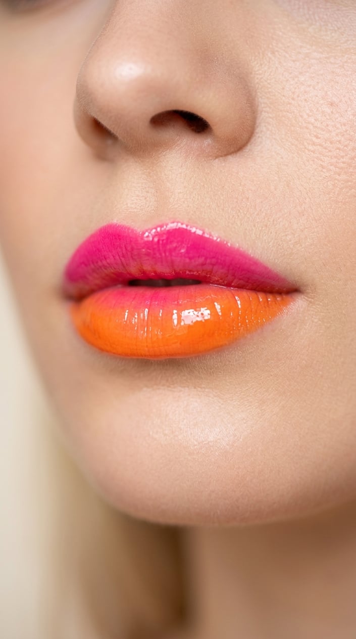 Close-up of a woman's lips with a vibrant hot pink and orange gradient lipstick.