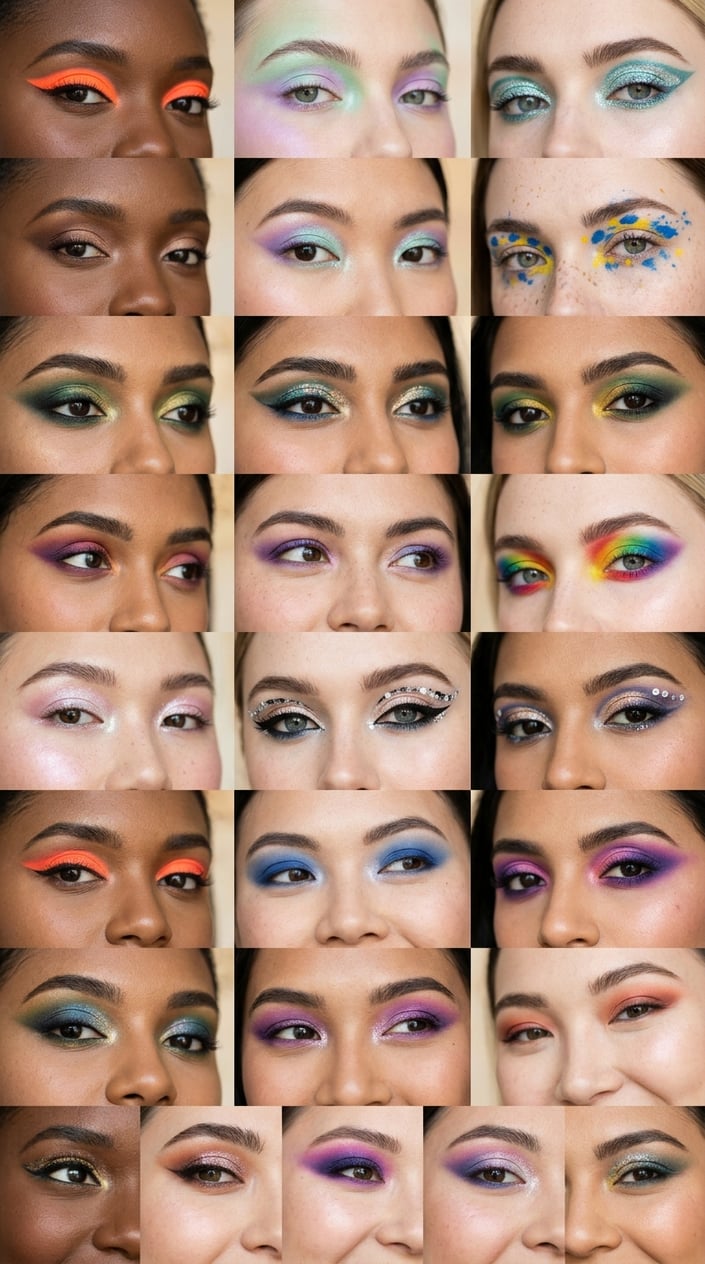 Close-up of diverse women showing colorful and creative eyeshadow looks on their eyes.