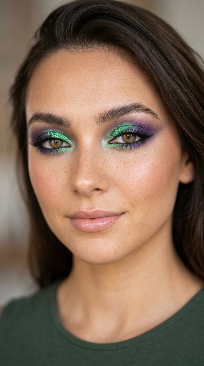 Close-up of a person with green and purple multichrome eyeshadow on their eyelids.