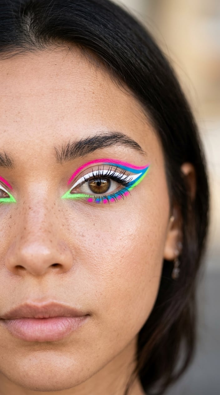 Close-up of a person's eye with bright white eyeliner and colorful neon makeup accents.