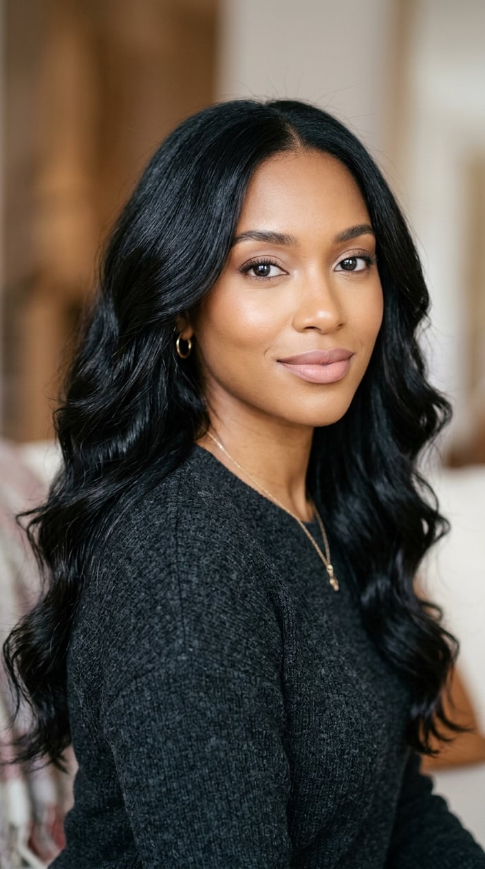 Close-up of a young woman with natural black hair styled in soft waves, smiling gently against a blurred neutral background.