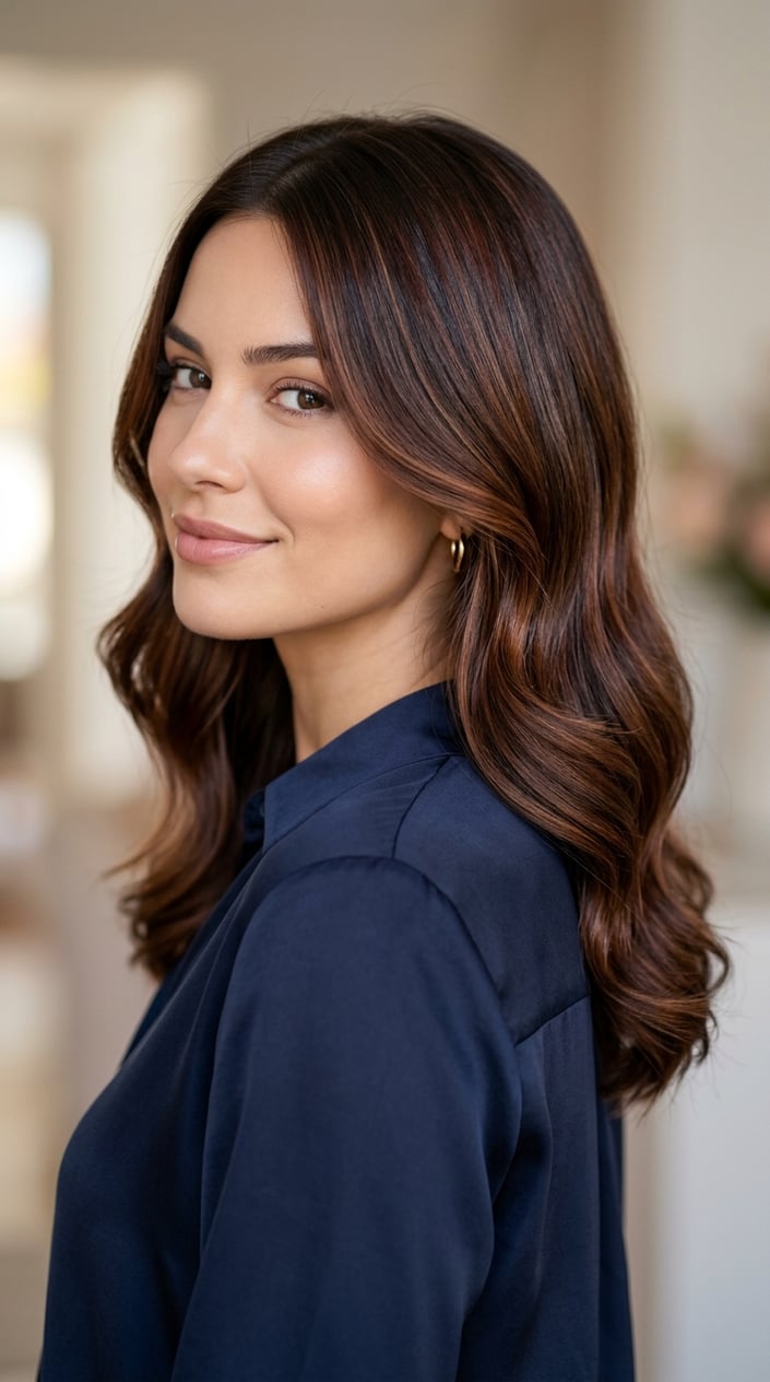 Close-up of a woman with smooth, soft black hair styled elegantly, looking calm and confident.
